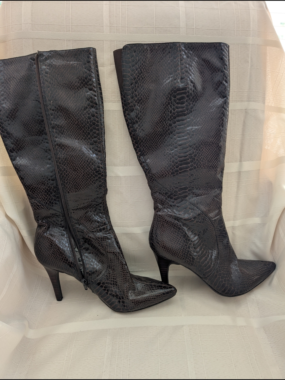 Nine West Brown Snakeskin Knee-High Pointed Toe Stiletto Boots